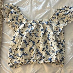 a new day Floral Puff Sleeve Blouse - Cream and Blue